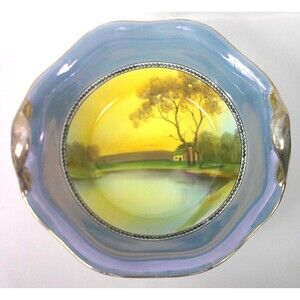 Vintage Noritake Hand Painted Bowl w Handles House Cottage on Lake Japan 9 Inch